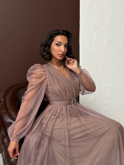 Rochie eleganta lunga cu accesoriu in talie din tull - Img 8