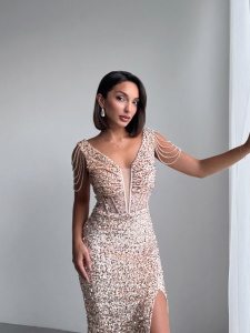 Rochie eleganta lunga cu paiete si lantisoare pe umeri - Img 3