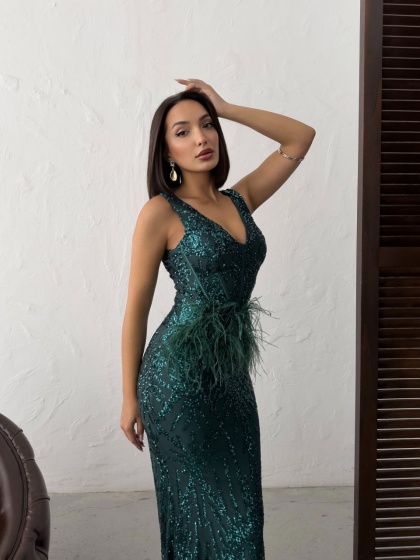 Rochie eleganta lunga cu paiete si pene - Img 2