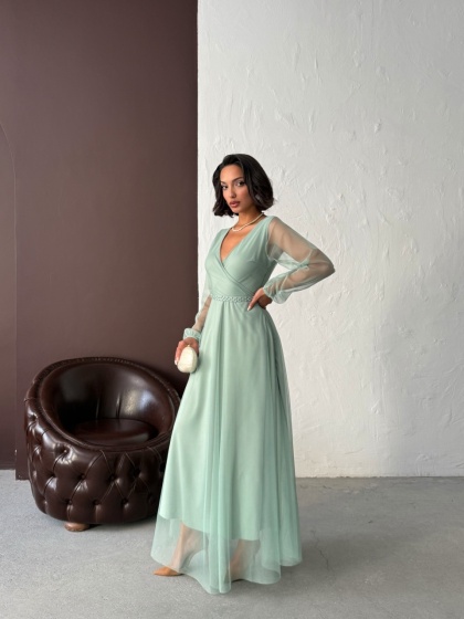 Rochie lunga din tull cu accesoriu in talie - Img 7