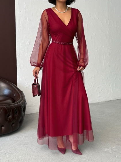 Rochie lunga din tull cu accesoriu in talie - Img 4