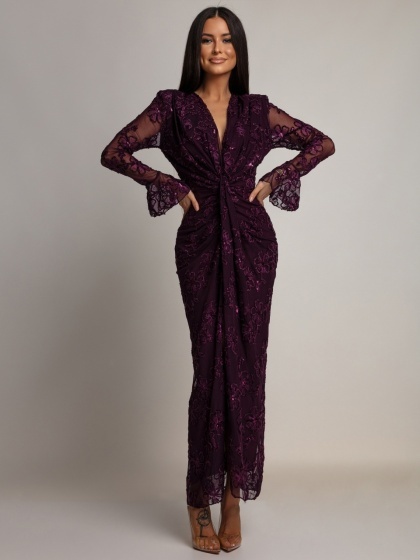 Rochie lungă din tull, cu broderie florală, paiete strălucitoare și mâneci evazate tip clopot - Img 3