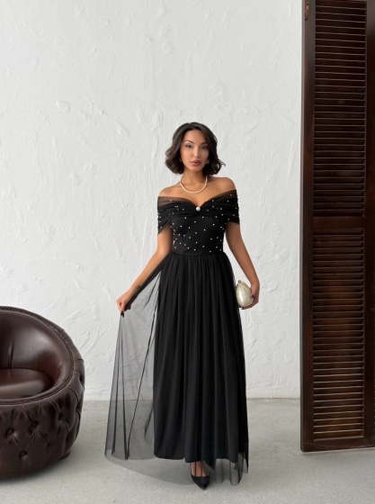 Rochie lunga din tull cu detalii perle - Img 8