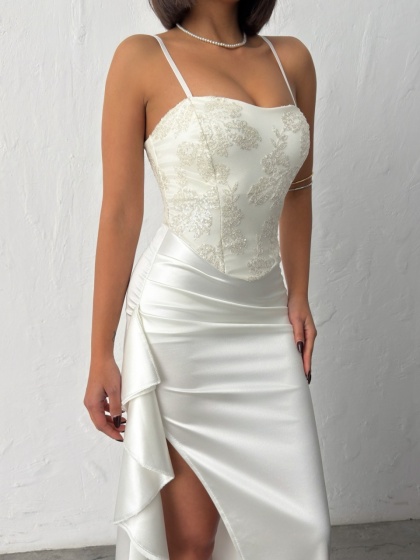 Rochie lunga eleganta din satin cu bust brodat si paiete - Img 2