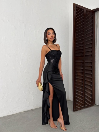 Rochie lunga eleganta din satin cu bust brodat si paiete - Img 6