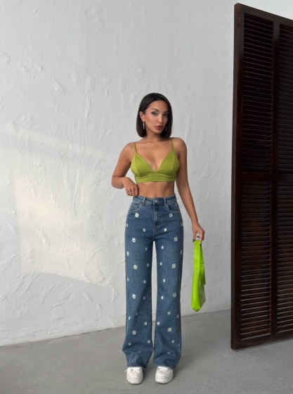 Blugi evazati cu design floral - Img 8