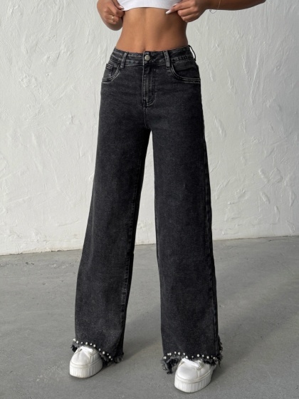 Blugi evazati elastici accesorizati cu perle la tiv - Img 3