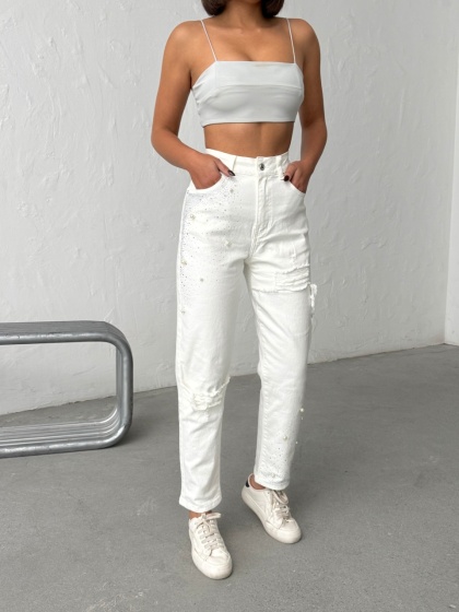 Blugi mom fit cu detalii decorative - Img 6