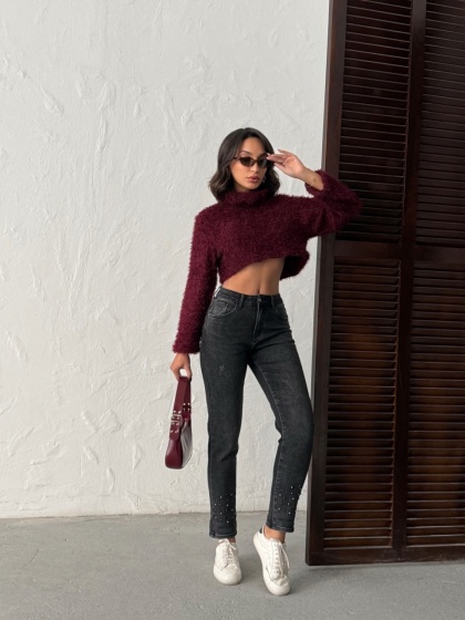 Blugi mom fit elastici accesorizați cu perle aplicate la tiv - Img 5