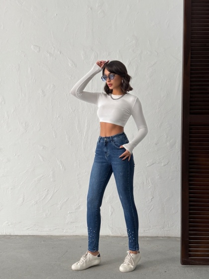 Blugi mom fit elastici accesorizați cu perle aplicate la tiv - Img 6