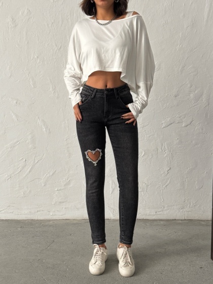 Blugi mom fit elastici cu detaliu inima - Img 4