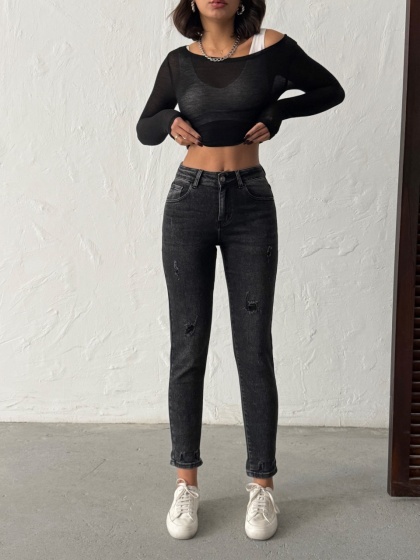 Blugi mom fit elastici cu mici rupturi - Img 3