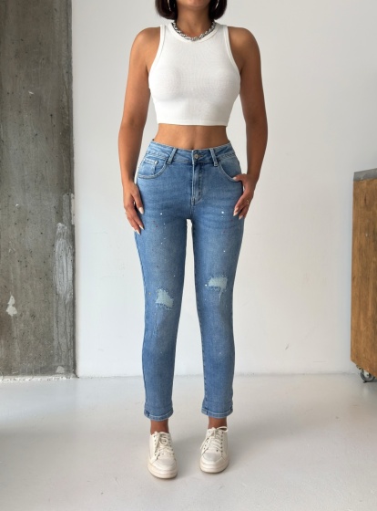 Blugi mom fit elastici cu rupturi și efect de stropi de vopsea - Img 5