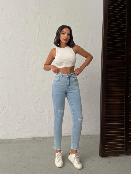 Blugi mom fit elastici cu rupturi - Img 4