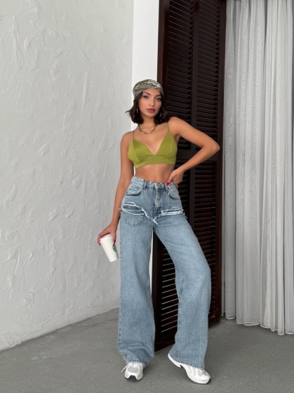 Blugi wide leg cu abraziuni în față, în zona buzunarelor - Img 6