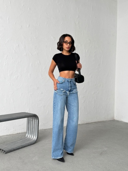 Blugi wide leg cu abraziuni în față, în zona buzunarelor - Img 5