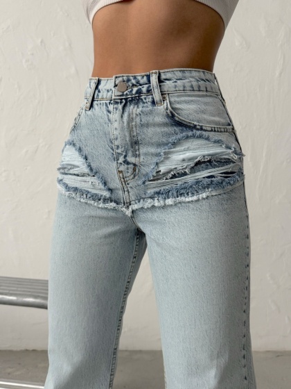 Blugi wide leg cu abraziuni în față, în zona buzunarelor - Img 5