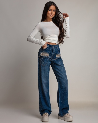Blugi wide leg cu abraziuni în față si strasuri