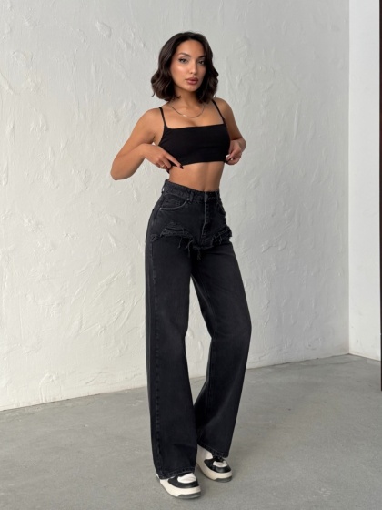 Blugi wide leg cu abraziuni în față - Img 8