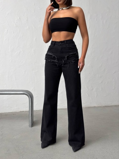 Blugi wide leg cu abraziuni în față - Img 3