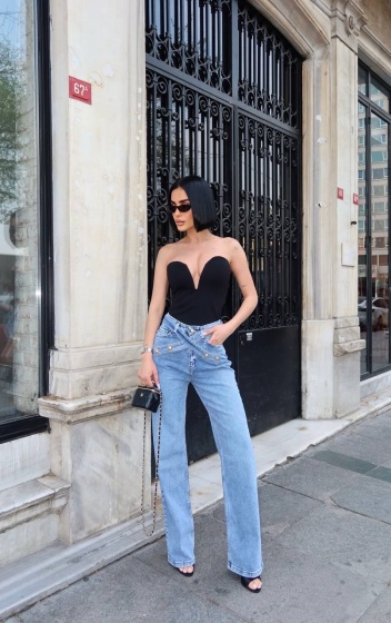 Blugi wide leg cu accesoriu tip curea - Img 2