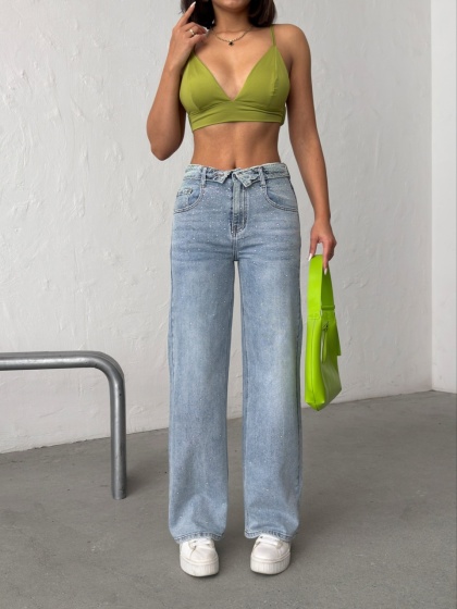 Blugi wide leg cu aplicatii din strasuri - Img 2