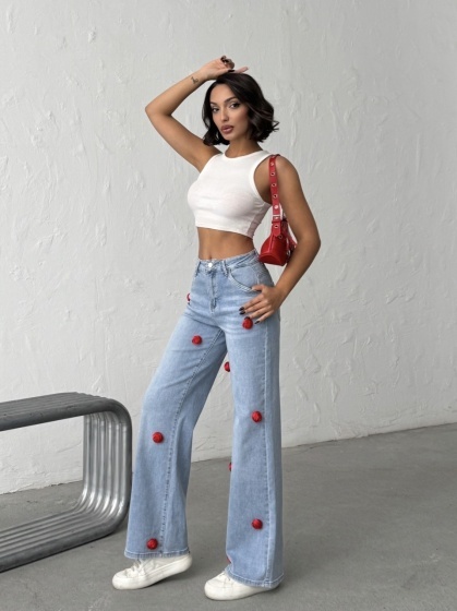 Blugi wide leg cu aplicatii florale rosii - Img 8