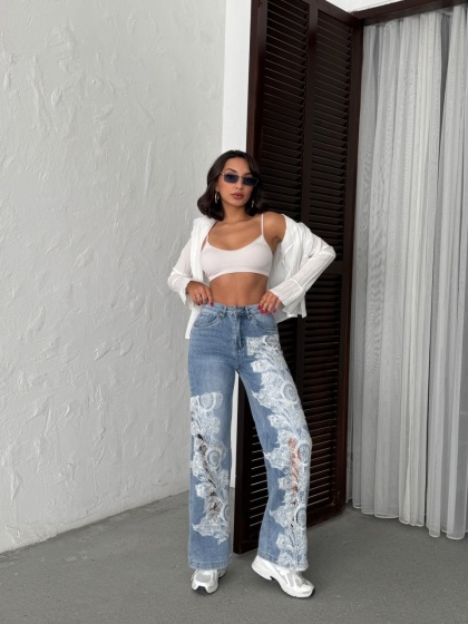 Blugi wide leg cu design din dantela - Img 8