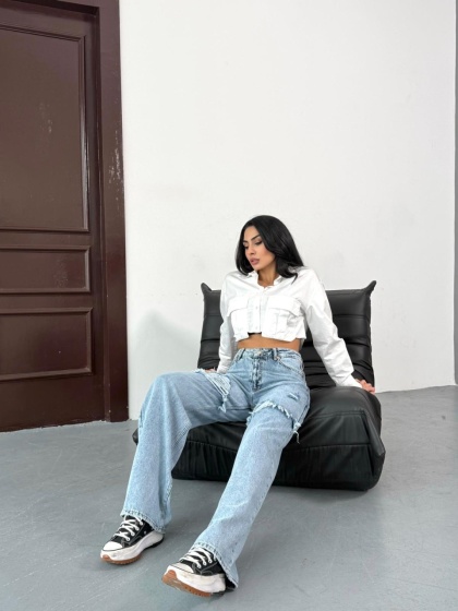 Blugi wide leg cu design rupt - Img 7