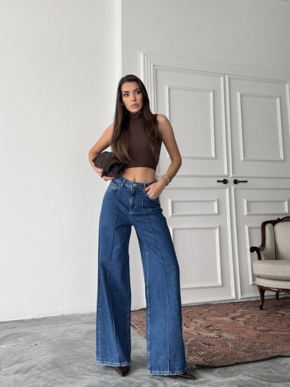 Blugi wide leg cu dunga pe mijloc - Img 5