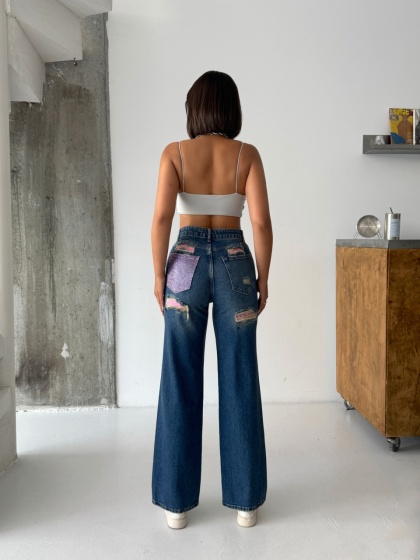Blugi wide leg cu inserții roz - Img 2