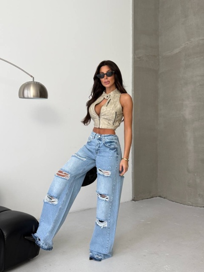 Blugi wide leg cu multiple rupturi fata-verso - Img 5