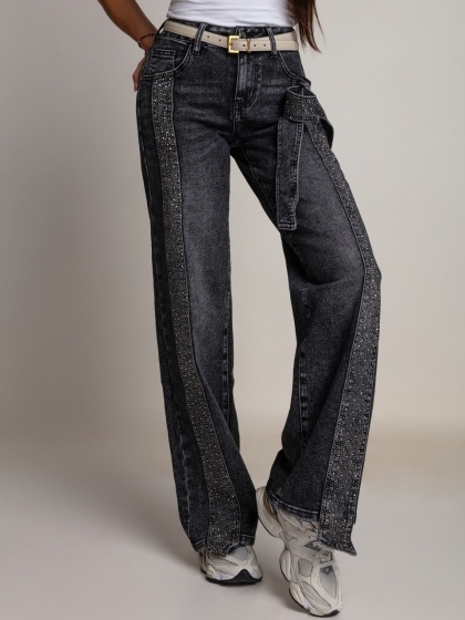 Blugi Wide Leg cu Strasuri