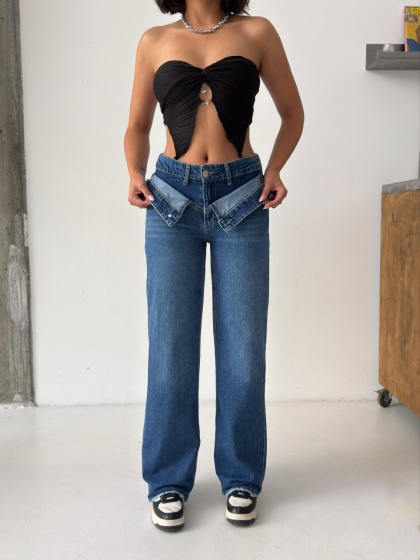 Blugi wide-leg cu talie dubla - Img 7