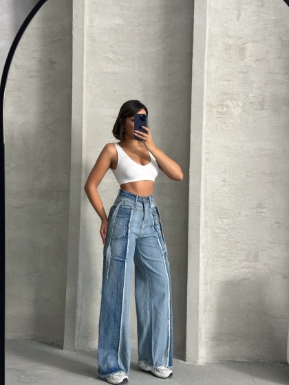 Blugi wide leg cu talie inalta si desing patchwork - Img 6