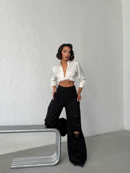 Blugi wide-leg din denim cu detalii strălucitoare - Img 7