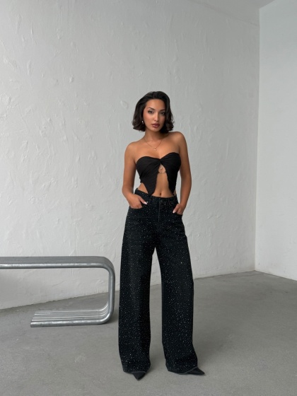 Blugi wide leg din denim cu detalii strălucitoare - Img 8