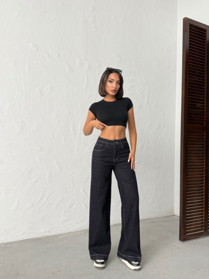 Blugi wide leg elastici cu detaliu cusaturi - Img 7