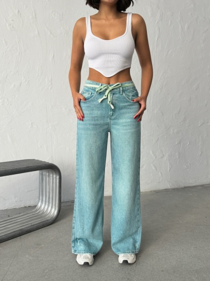Blugi wide leg subtiri cu siret in talie - Img 2