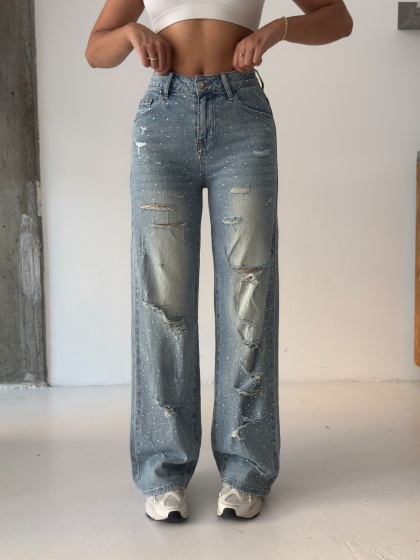 Blugi wide leg usor elastici accesorizati cu strasuri - Img 4