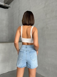 Fusta pantalon de blugi elastica accesorizata cu strasuri - Img 2