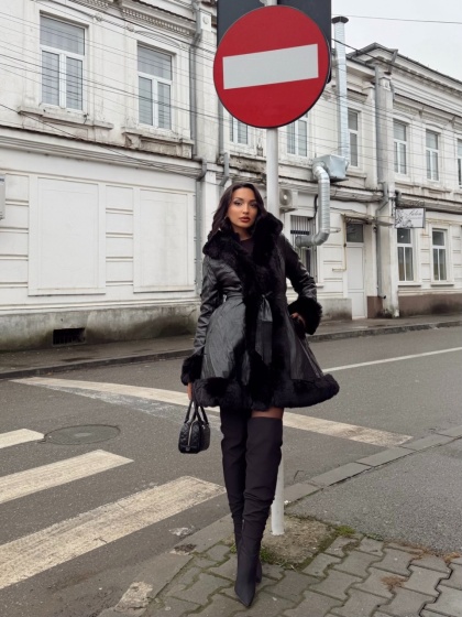 Geaca lunga din imitatie de piele cu blana artificiala - Img 3