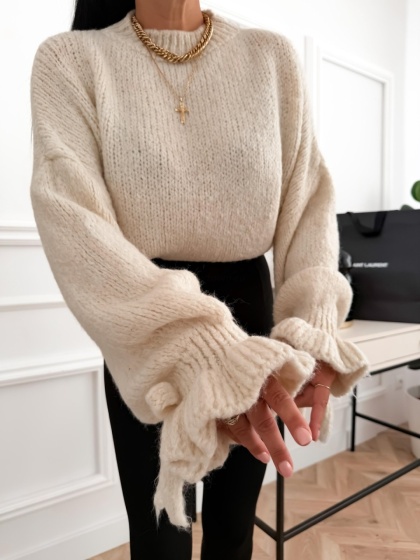 Pulover damă oversized din tricot pufos, cu mâneci largi