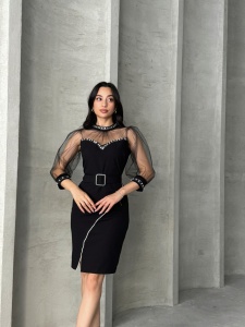 Rochie dama cu maneci din tul accesorizata cu strasuri - Img 2