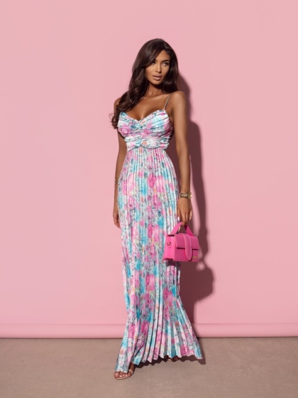 Rochie din satin plisata cu print floral - Img 2