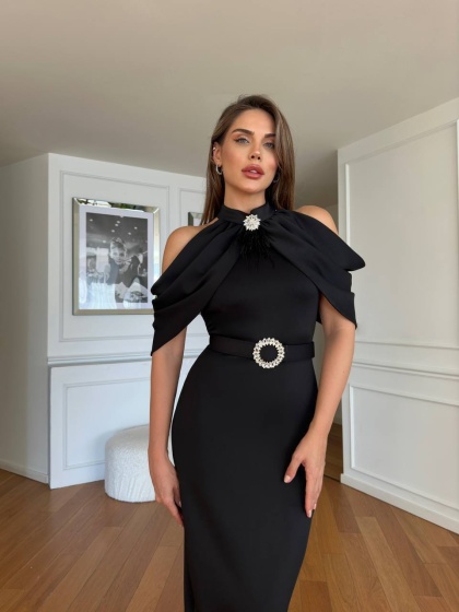 Rochie eleganta cu umeri goi și broșă elegantă - Img 4
