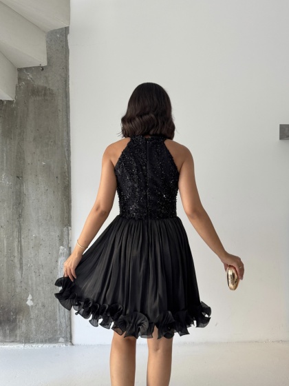 Rochie eleganta din satin creponat accesorizata cu paiete - Img 4