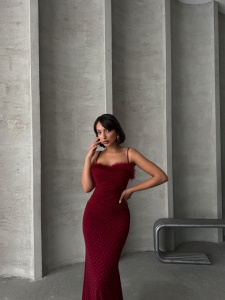 Rochie eleganta lunga accesorizata cu strasuri si puf - Img 6