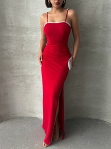 Rochie eleganta lunga cu bretele accesorizata cu perle - Img 3
