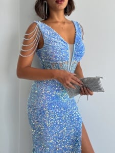 Rochie eleganta lunga cu paiete si lantisoare pe umeri - Img 4
